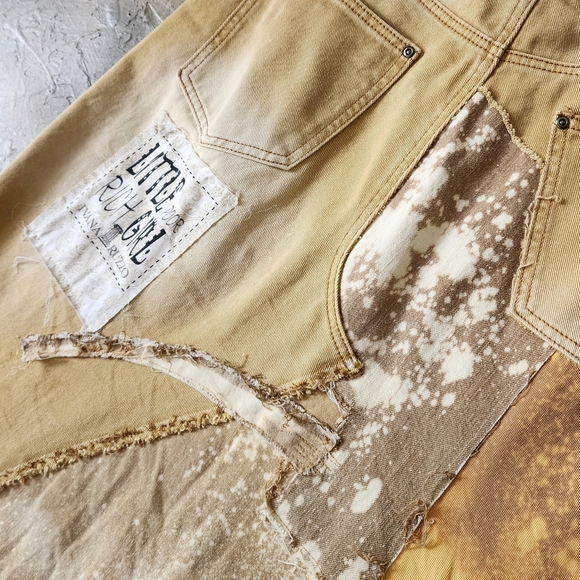 Upcycled Couture concept Designer Maxi Skirt Mustard Denim ShabbyChic - Picture 7 of 16